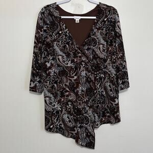 Cato Faux Wrap Brown Black White Paisley 3/4 Sleeve Top 14/16W